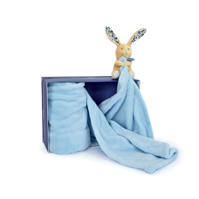  - les poupis - coffret peluche avec couverture lapin bleu 50 x 50 cm 